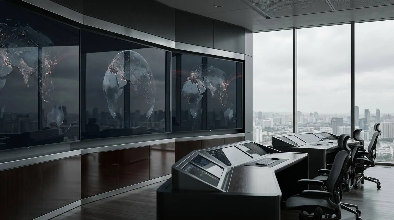 A quiet executive operations room overlooking the city, global displays on the wall
