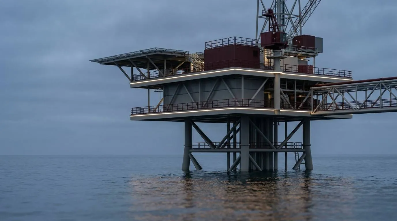Offshore platform on a calm sea at dusk